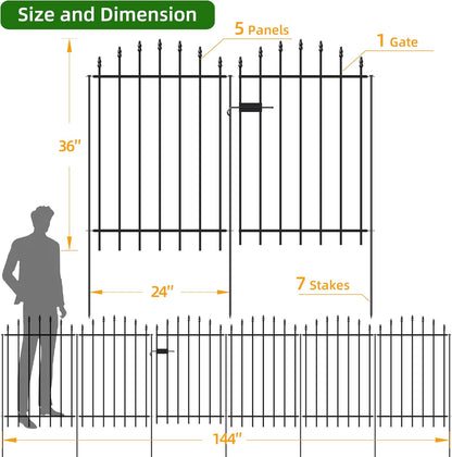 Metal Garden Fence with Gate 36 in H x 12 ft L, 1 Gate + 5 Panels Border Dog Fence Panels Animal