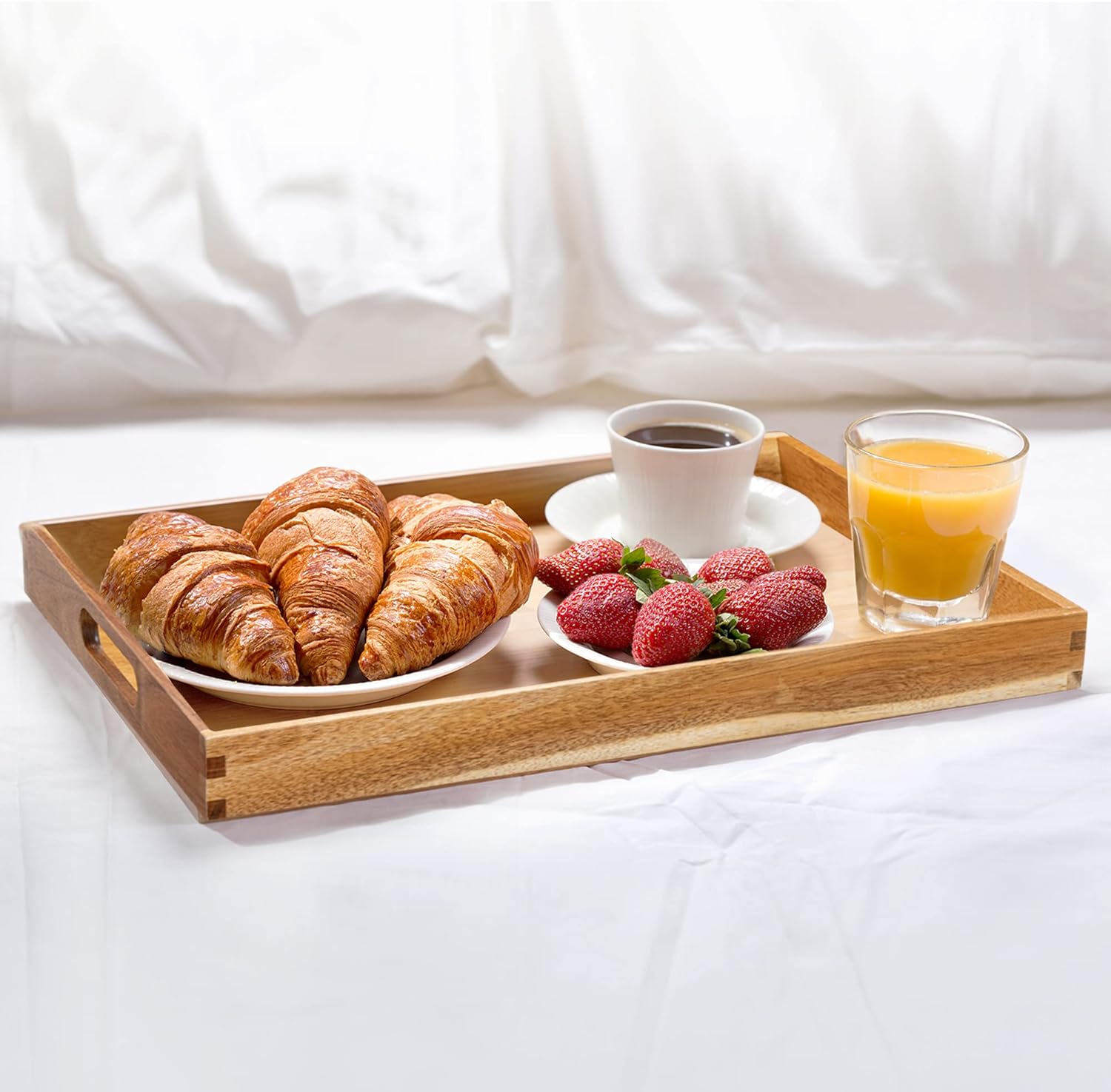 Acacia Wood Serving Tray with Handles (Set of 2)- 17-Inch Decorative Wooden Tray - Perfect for