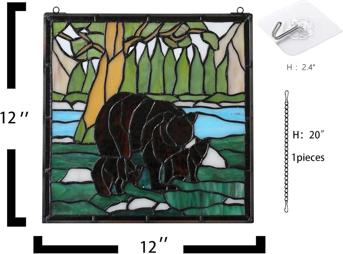 bwkoiujes Stained Glass Window Hanging 12" Square Tiffany Animal Style 3 Brown Bears Suncatcher