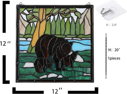 bwkoiujes Stained Glass Window Hanging 12" Square Tiffany Animal Style 3 Brown Bears Suncatcher