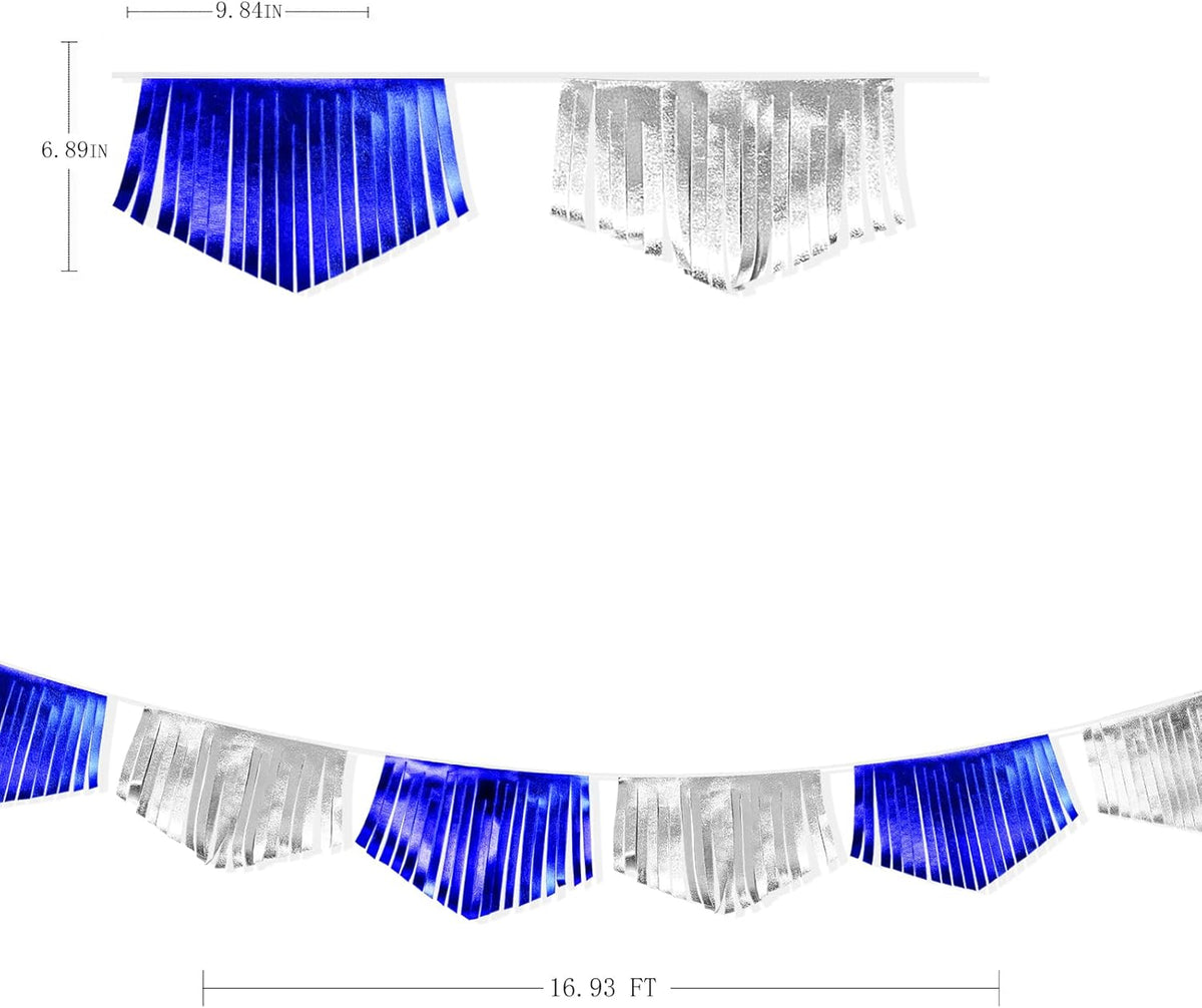 Royal Blue Silver Tassel Banner Metallic Fabric Pennant Bunting Flag for Graduation Birthday