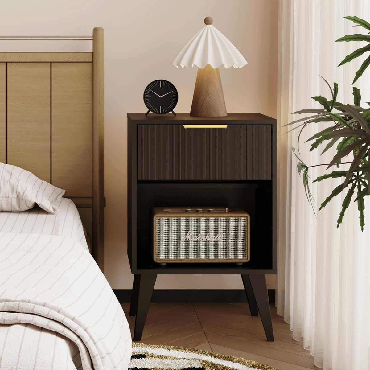 Fluted Night Stand with Opening Storage,Mid Century Bedside Table with Drawer,Modern Nightstand