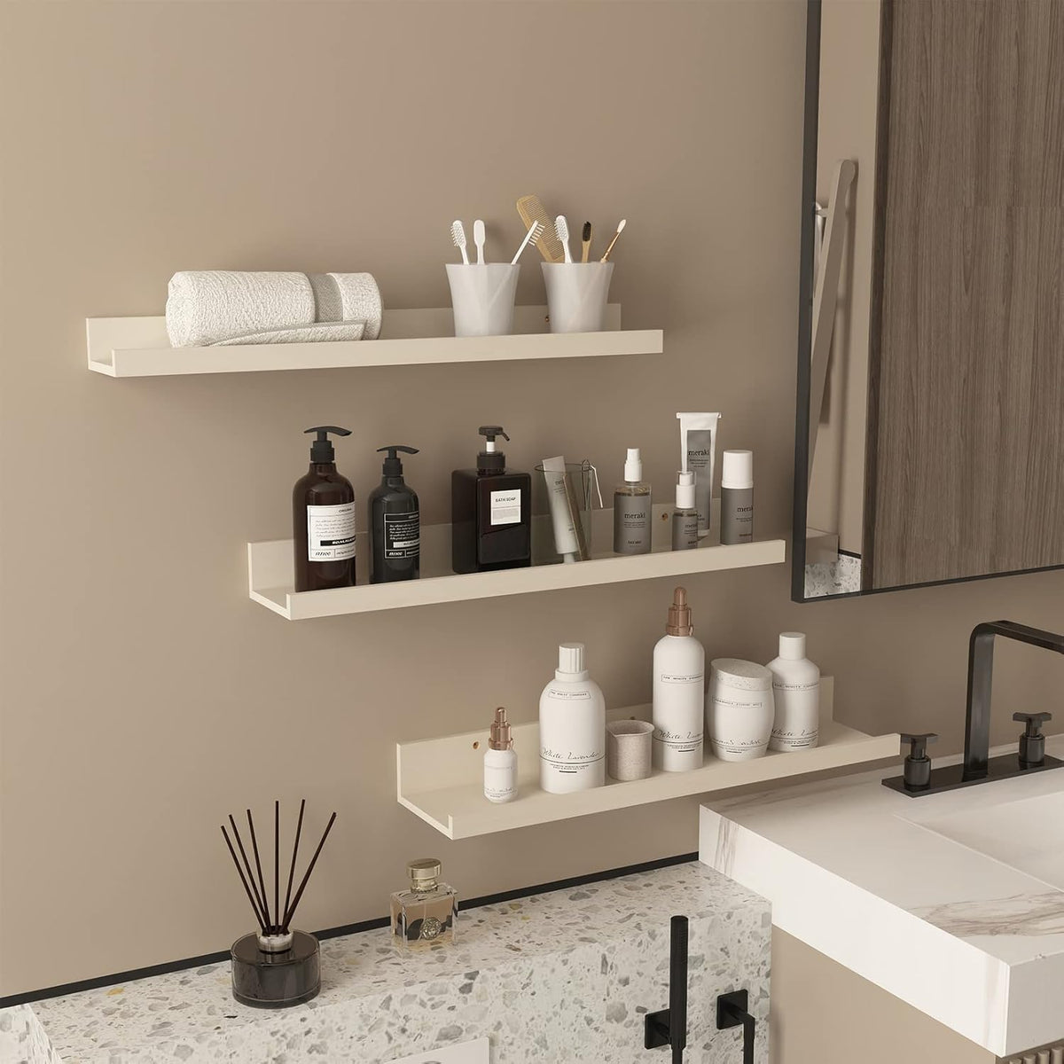 Giftgarden 24 Inch Floating Shelves for Wall, Creamy White Beige Wood-Grain Wooden Shelf Ledge for