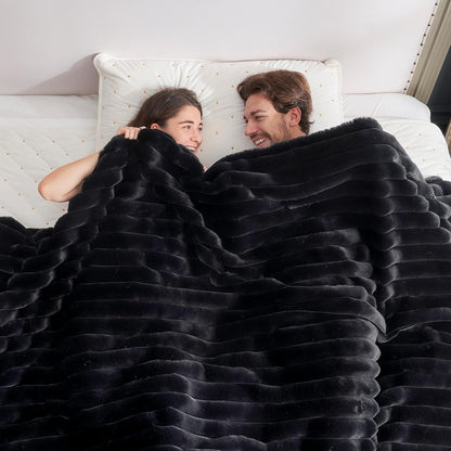 Cozy Bliss Faux Fur Throw Blanket for Couch, Cozy Warm Plush Striped Blanket for Sofa Bedroom