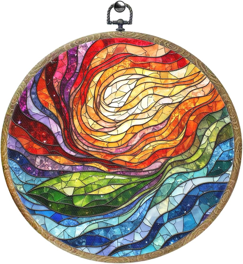 Colorful Boho Rainbow Geometric Spiral Sun Art Gift Framed Round Wall Decor Canvas Wall Art Hanging