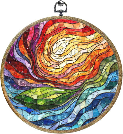Colorful Boho Rainbow Geometric Spiral Sun Art Gift Framed Round Wall Decor Canvas Wall Art Hanging