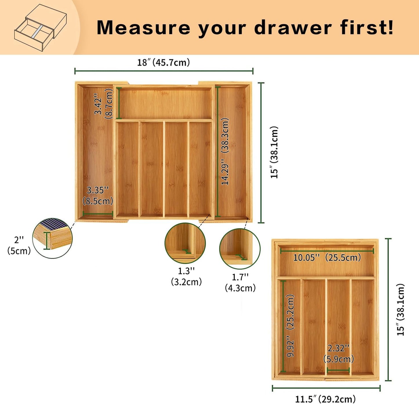 Utoplike Bamboo Cutlery Tray Silverware, Drawer Dividers for Kitchen Utensils, Flatware Tray Drawer
