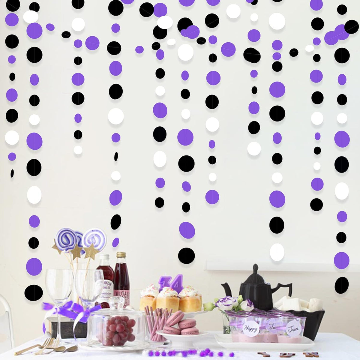 46Ft Purple Black Circle Dots Garlands Black Purple and White Polka Dot Hanging Paper Streamer