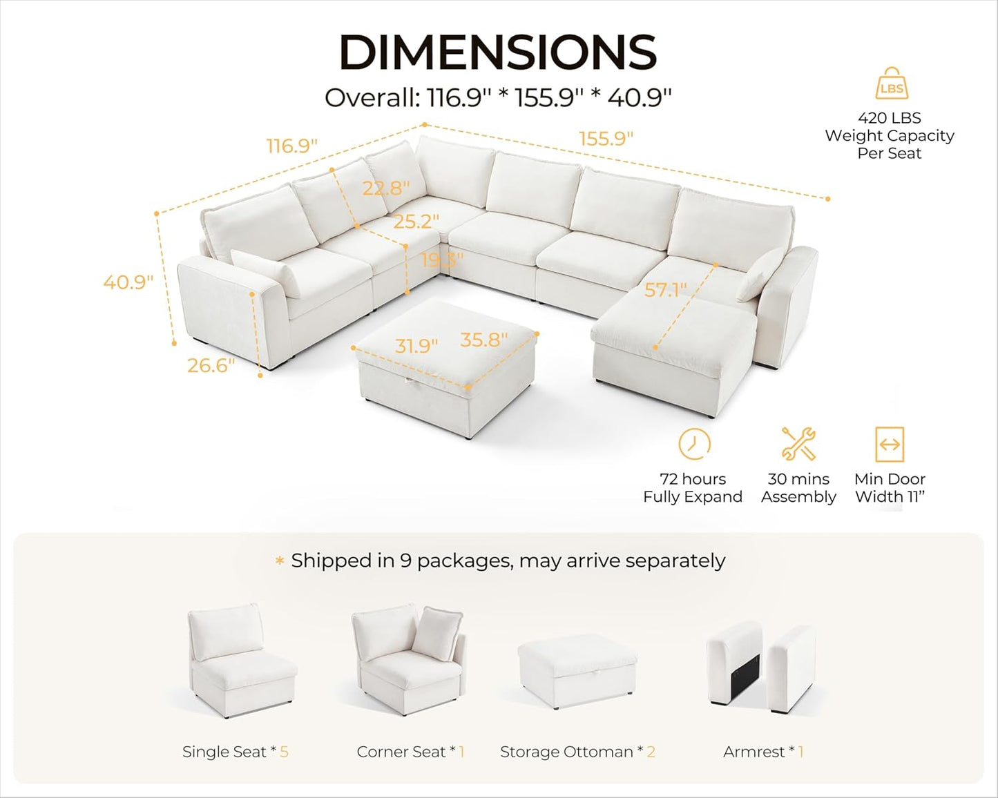 Oversized Modular Sofa Comfy Cloud Couch with Storage, Extra Deep Plush Sectional Sofa Set for