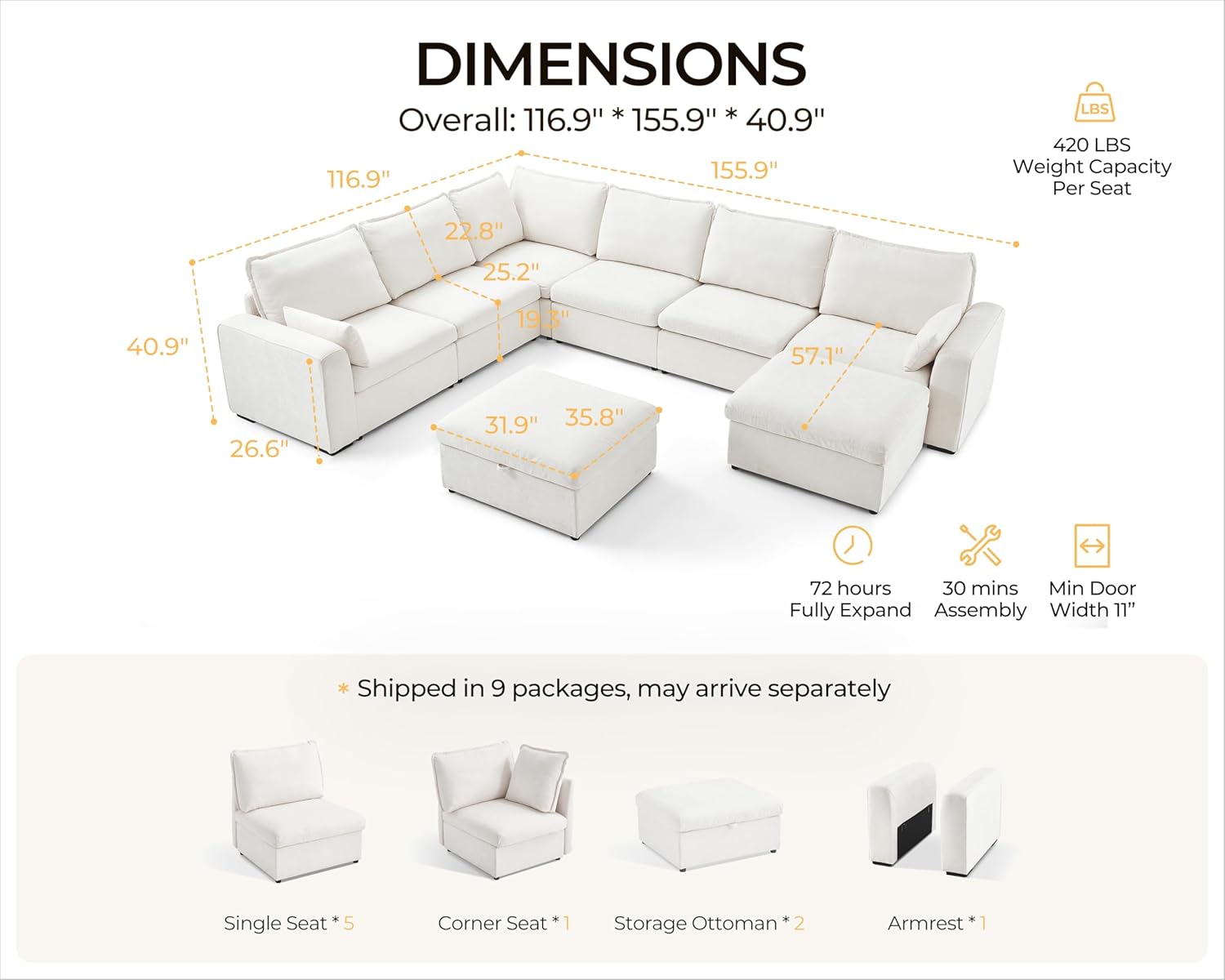 Oversized Modular Sofa Comfy Cloud Couch with Storage, Extra Deep Plush Sectional Sofa Set for