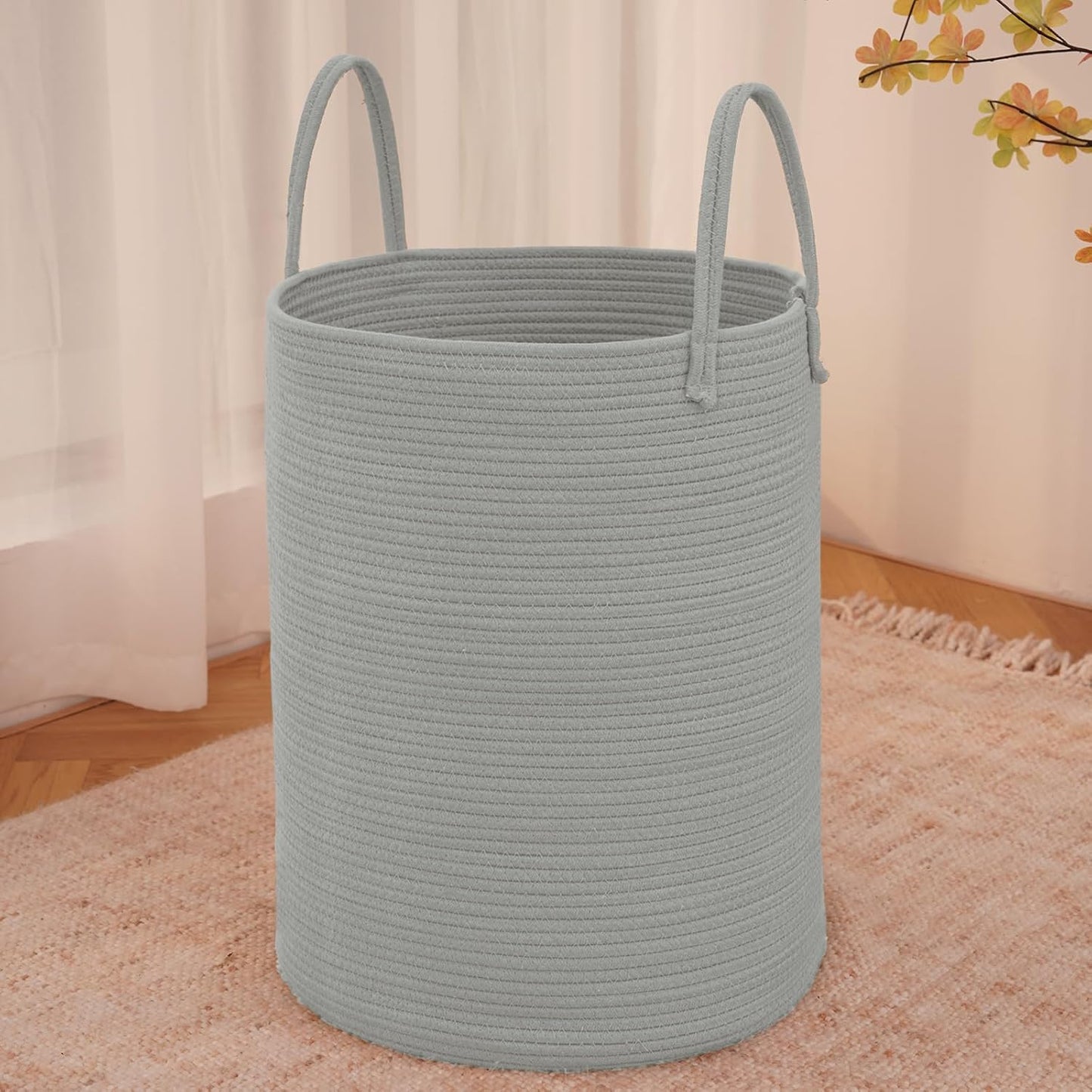 Large Woven Laundry Basket Hamper,60L Cotton Rope Storage Bin for Blankets,Toys and