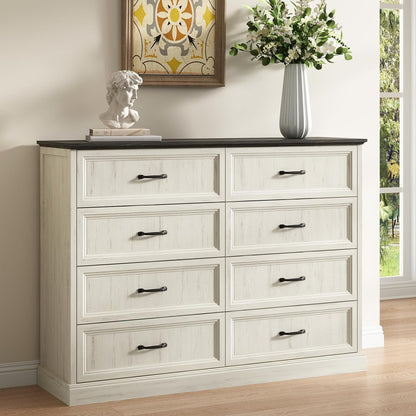 CARPETNAL Farmhouse 8 Drawer Dresser for Bedroom, 55" Wide Modern White Dresser TV Stand with Large