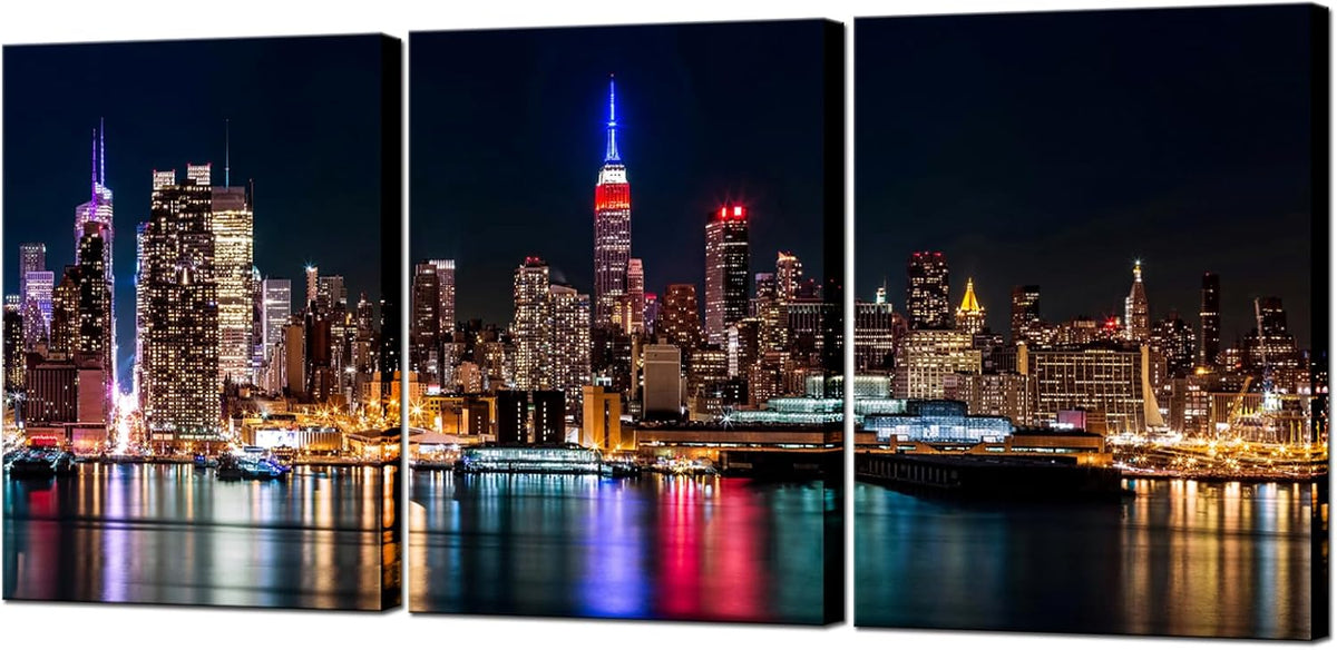 Biuteawal New York City Canvas Wall Art Manhattan Skyline Night View Picture Painting Modern Giclee