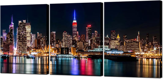 Biuteawal New York City Canvas Wall Art Manhattan Skyline Night View Picture Painting Modern Giclee