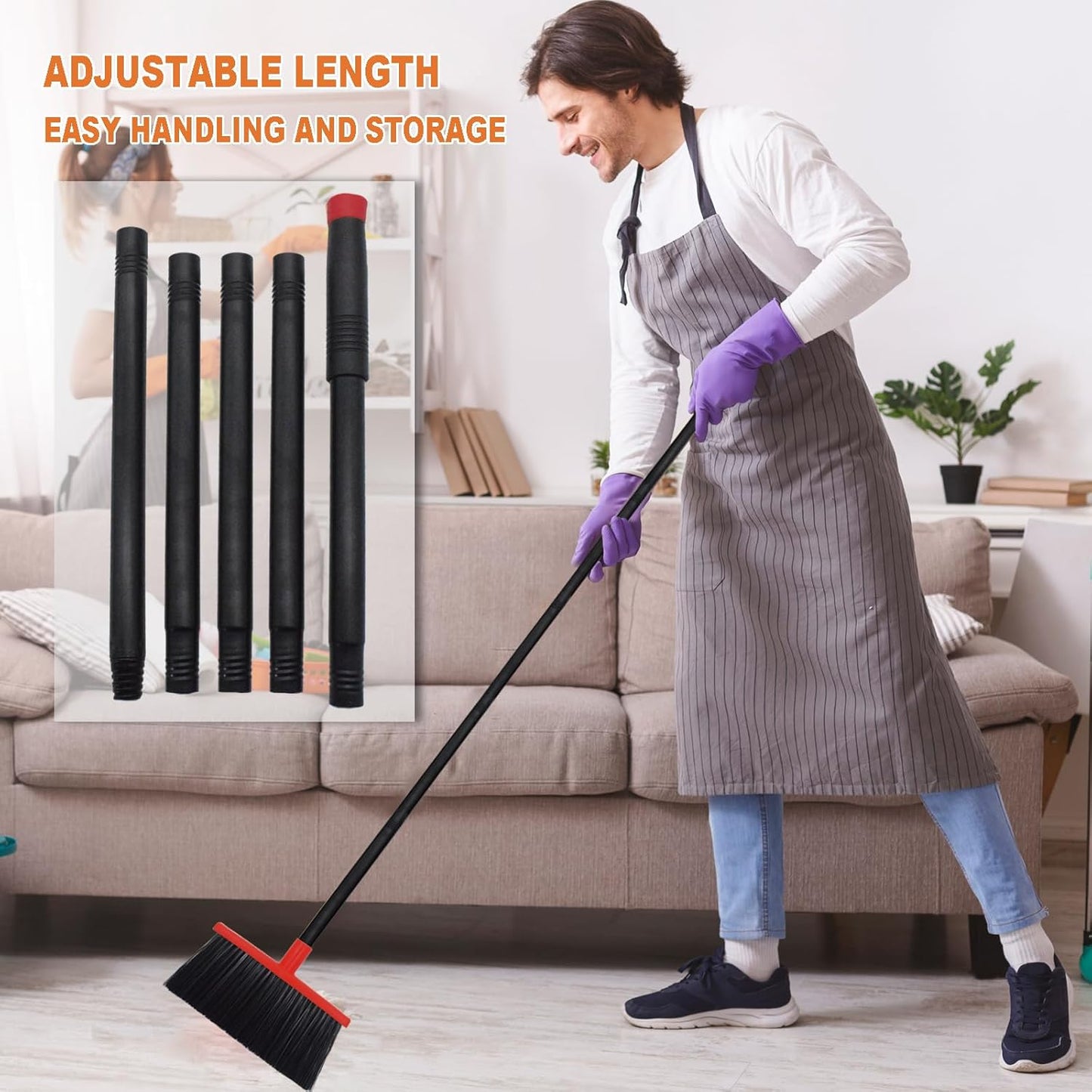 Small Broom Stiff Bristles Brush with Long Handle Indoor or Outdoor Compact Broom for Sweeping