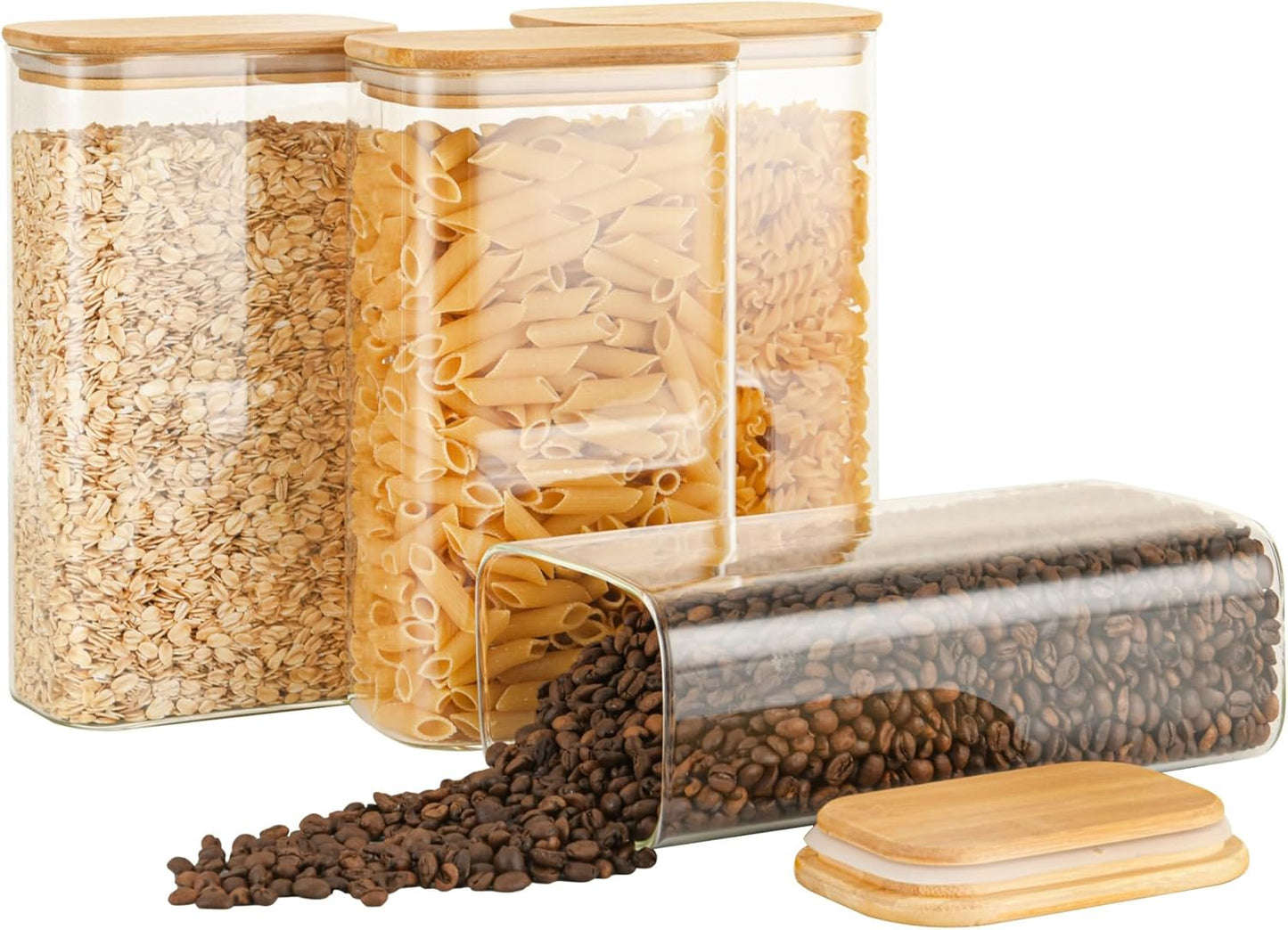 56oz Rectangle Airtight Glass Storage Containers with Bamboo Lids (Set of 4), Square Food Storage