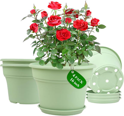 16 inch Plastic-Flower-Pot-for-Indoor-Plants, 4 Pack Large Outdoor Planter Pot with Drainage Holes