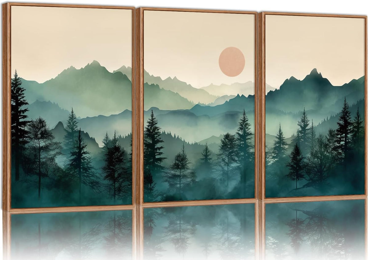 SIGNINART Large Mountain Framed Canvas Wall Art Set, Abstract Misty Forest Wall Decor, Foggy Nature