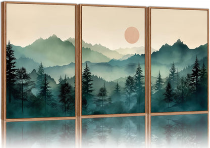 SIGNINART Large Mountain Framed Canvas Wall Art Set, Abstract Misty Forest Wall Decor, Foggy Nature