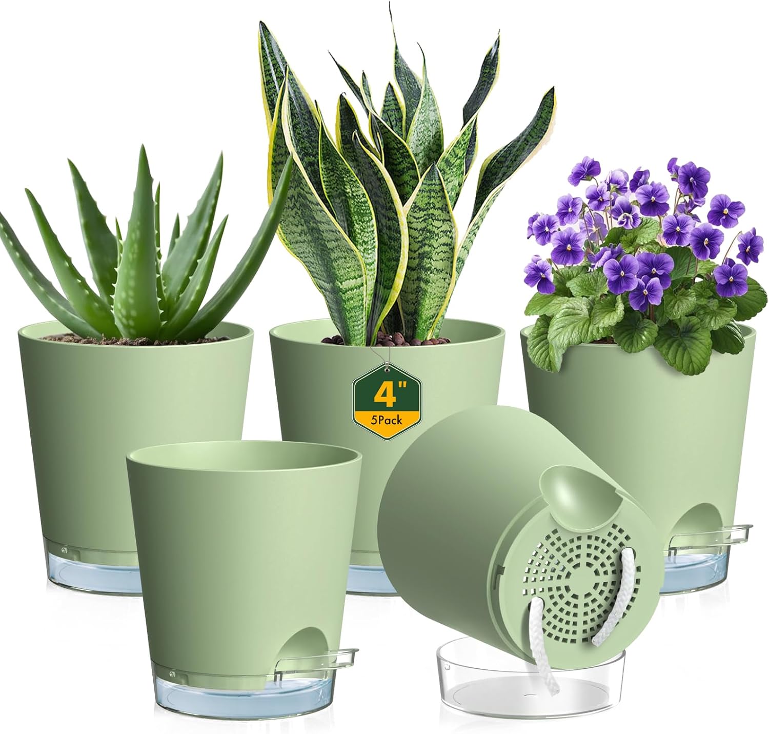 4 inch Self Watering Pots for Indoor Plants, 5 Pack Small Flower Plant Pots with Drainage Holes and