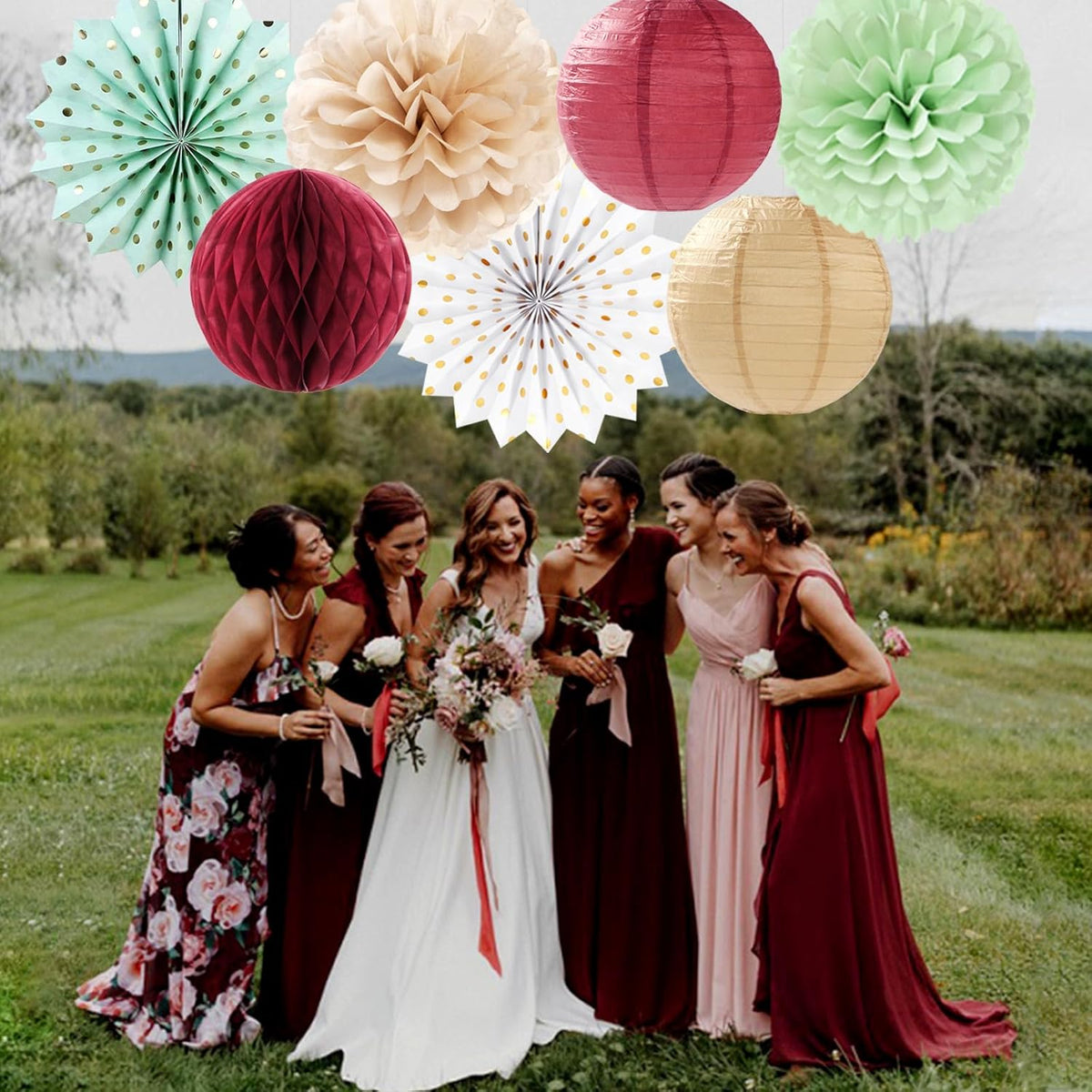 Sage-Olive Green Burgundy Champagne-Gold Party-Decorations - 14pcs Birthday Boho Paper Lanterns Fan