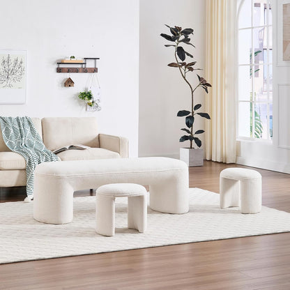 3-Piece 53" Comfy Upholstered Dining Bench with 2 Ottomans, Accent Waterfall Bench Modern End of
