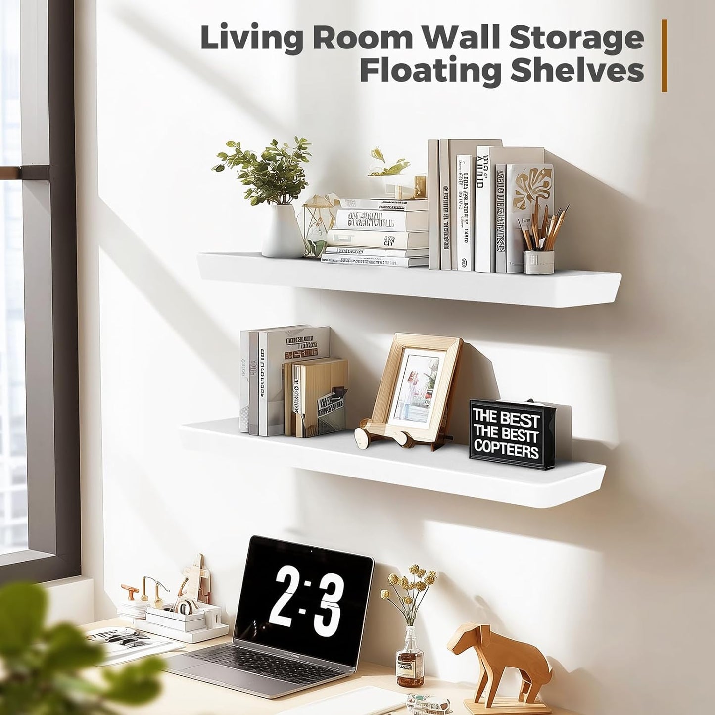 36"x6.8"x1.6" Slanted Floating Wall Shelves 2-Pack - Rustic White Finish, Heavy-Duty Solid Wood