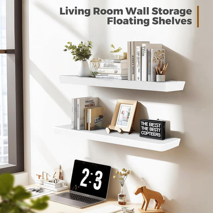 36"x6.8"x1.6" Slanted Floating Wall Shelves 2-Pack - Rustic White Finish, Heavy-Duty Solid Wood