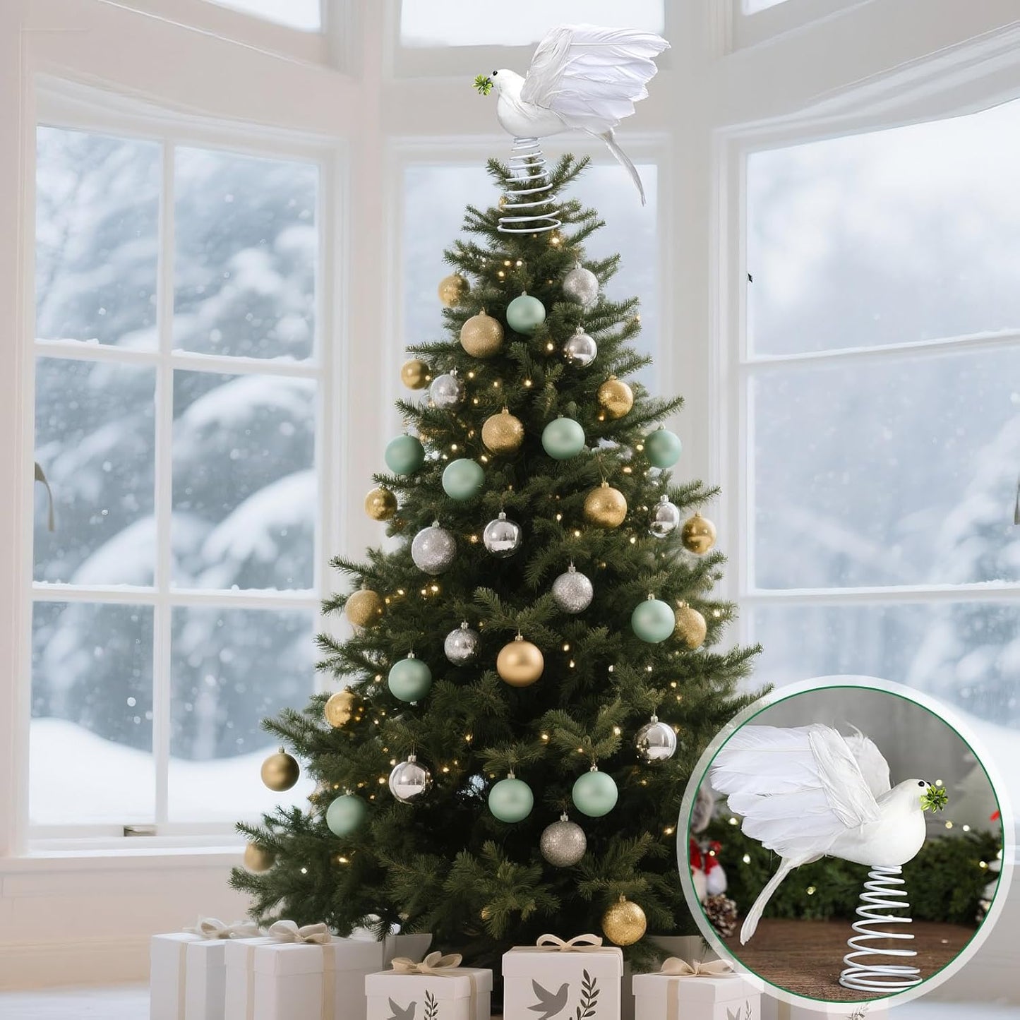 Retisee 9 Inch Dove Olive Christmas Tree Topper White Bird Christmas Tree Decoration Peaceful