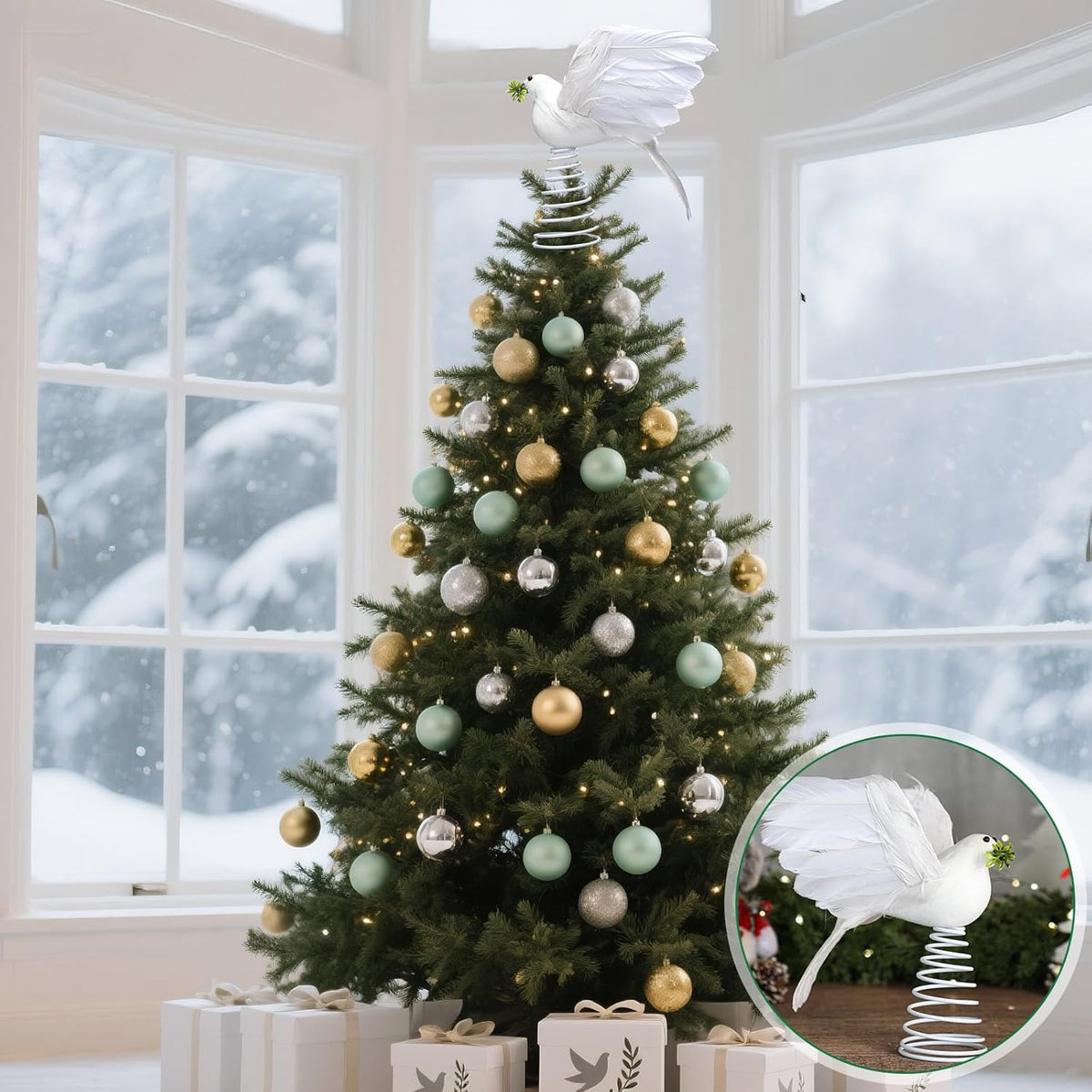 Retisee 9 Inch Dove Olive Christmas Tree Topper White Bird Christmas Tree Decoration Peaceful