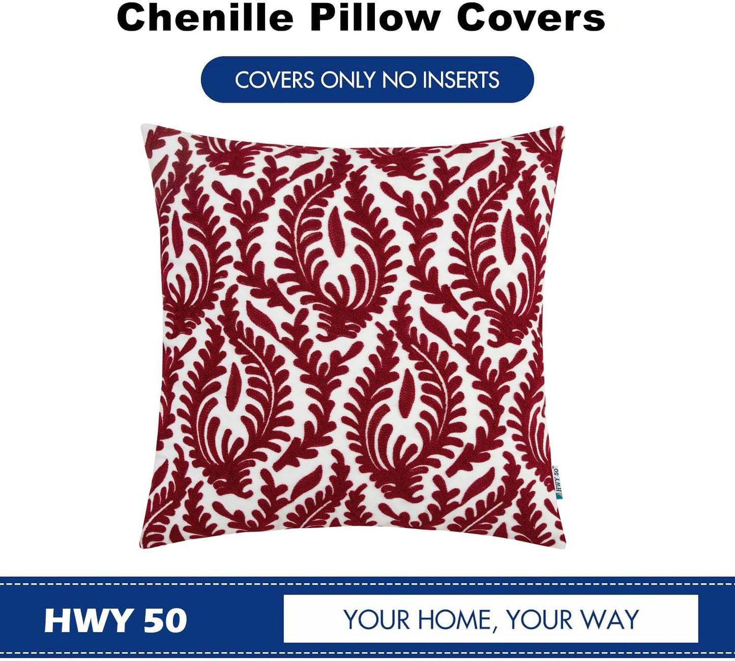 HWY 50 Burgundy Red Decorative Throw Pillow Covers 18x18 Inch (1 Piece), Embroidered Cotton