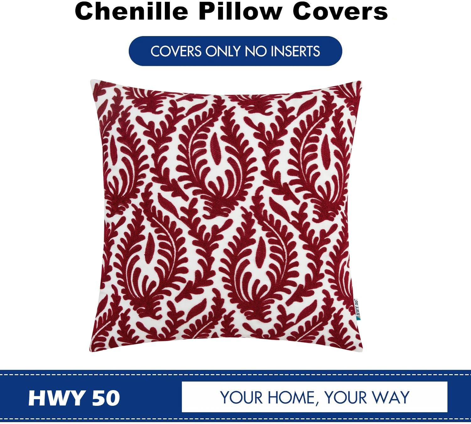 HWY 50 Burgundy Red Decorative Throw Pillow Covers 18x18 Inch (1 Piece), Embroidered Cotton