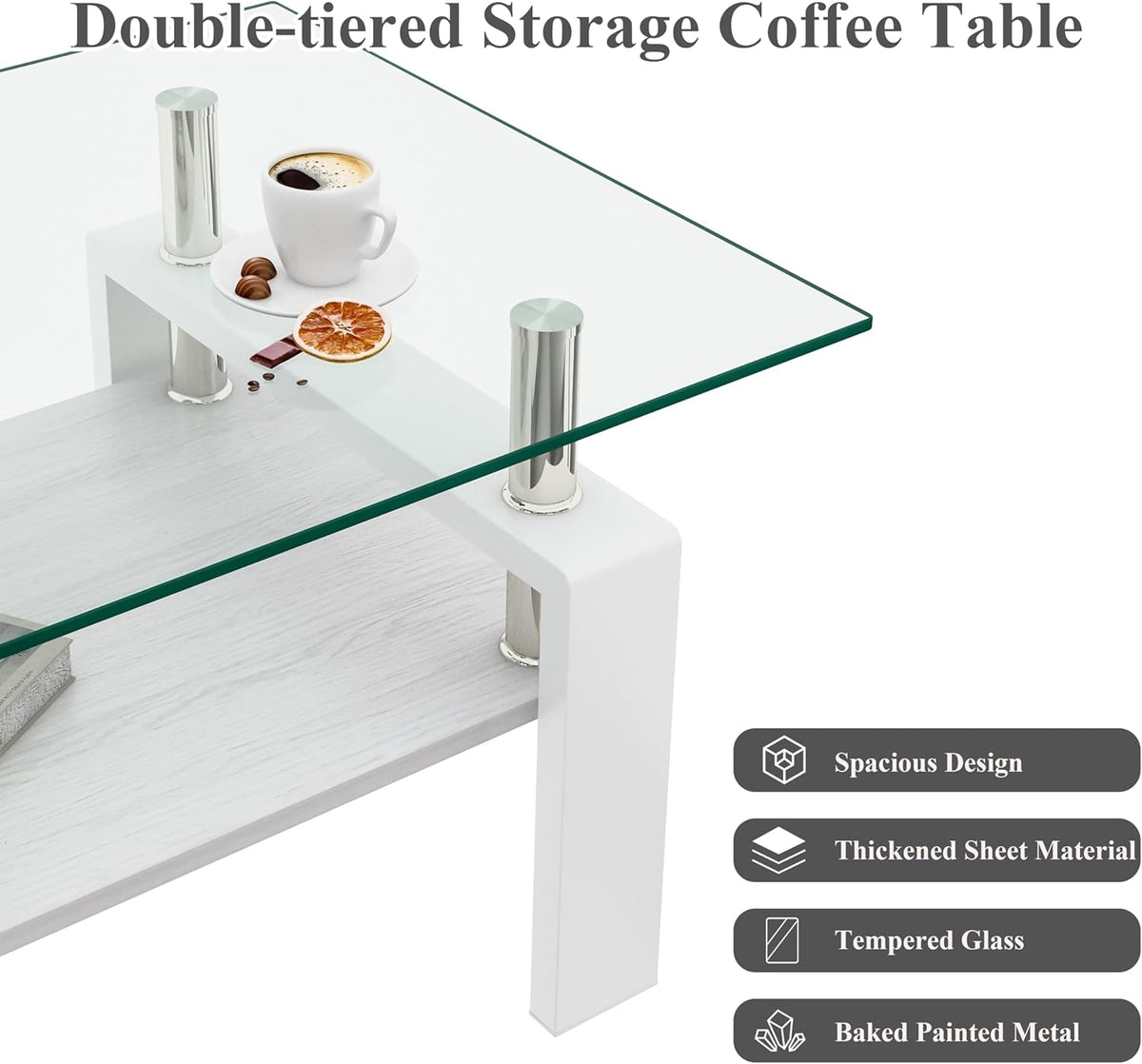 Glass Coffee Table Rectangle Living Room Center Table, with Transparent Tempered Glass Tabletop and