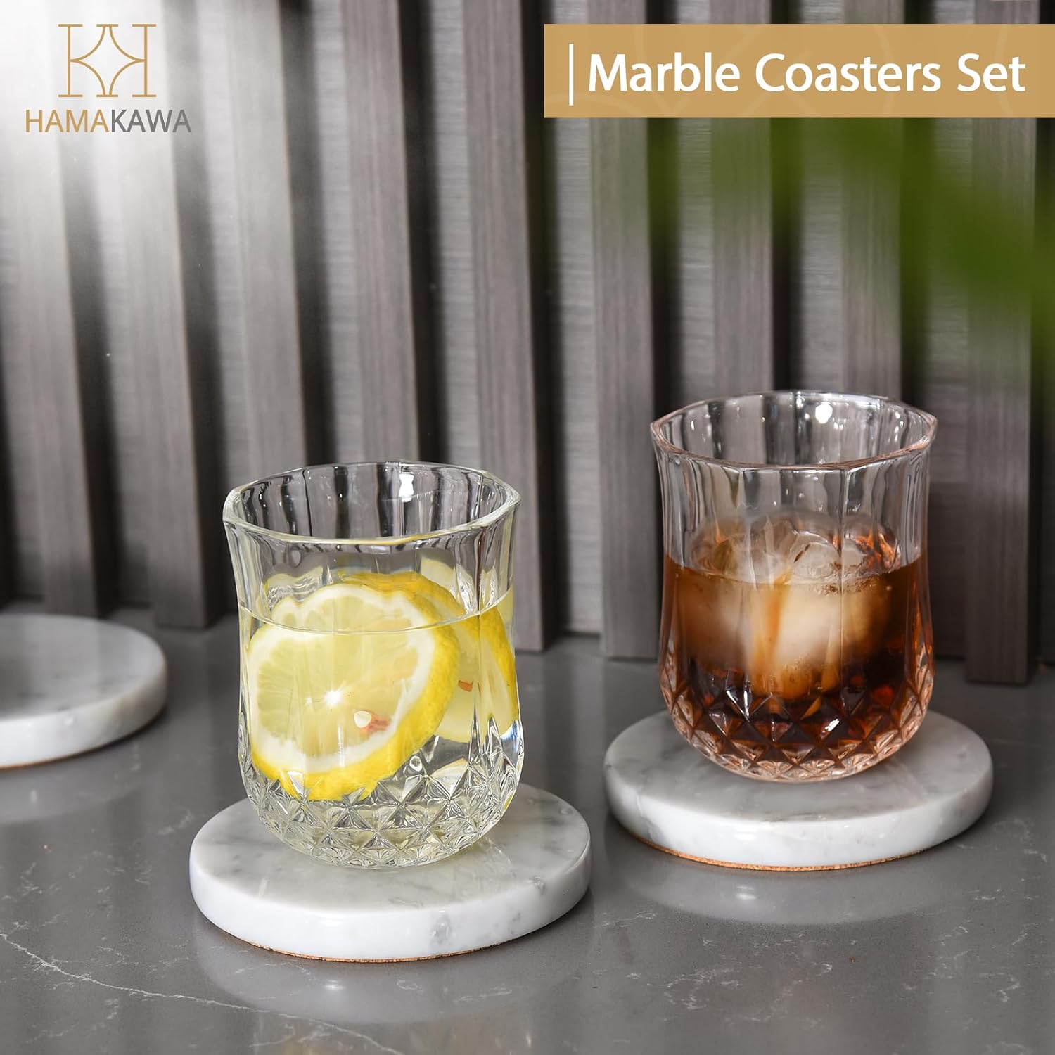 Real Natural Marble Coasters Set of 4, Carrara White Limestone 4 Inch/10 cm, Modern Round Stone