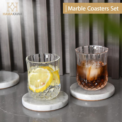 Real Natural Marble Coasters Set of 4, Carrara White Limestone 4 Inch/10 cm, Modern Round Stone
