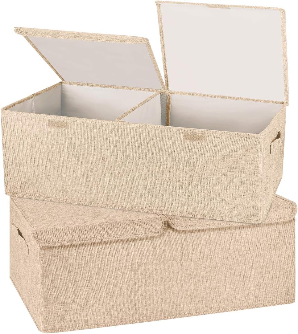 2 Pack Storage Boxes with Lids and Handles, Collapsible Linen Storage Bins Organizer Containers