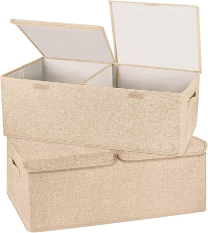 2 Pack Storage Boxes with Lids and Handles, Collapsible Linen Storage Bins Organizer Containers