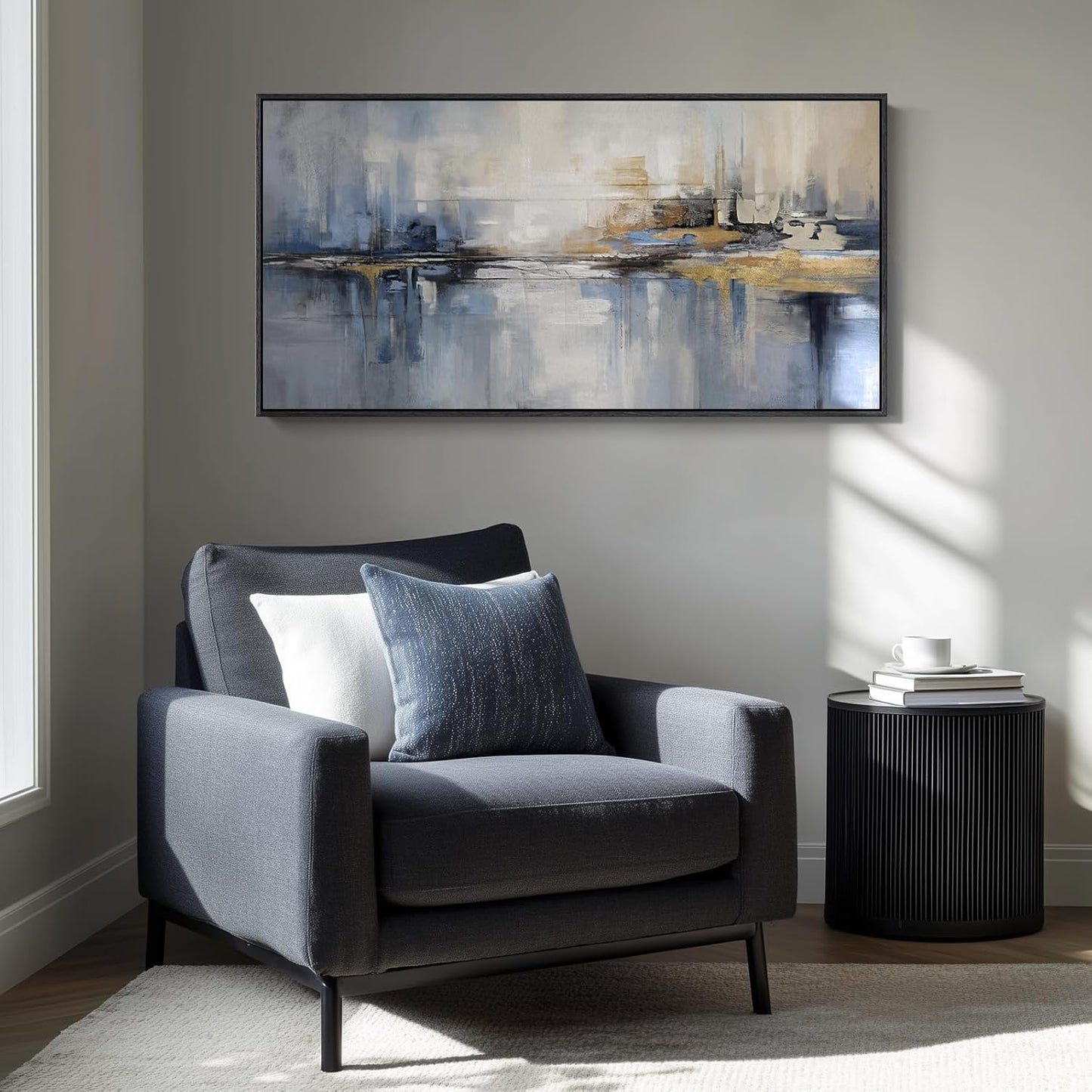 Framed Extra Large Blue Abstract Wall Art for Living Room, Modern Canvas Prints Painting Artwork