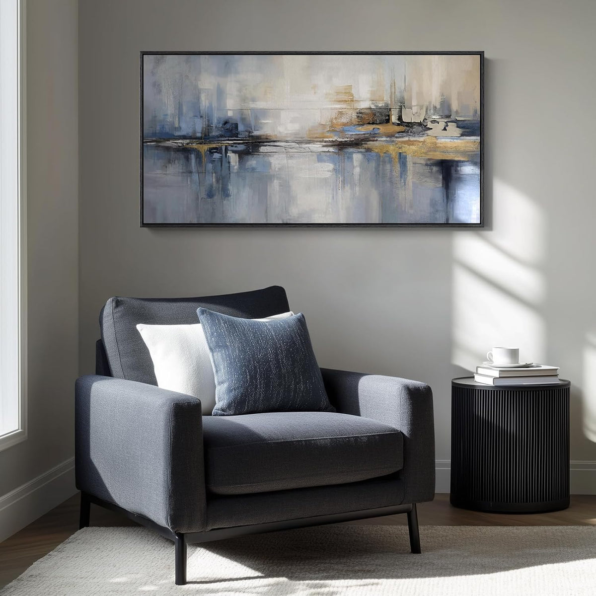 Framed Extra Large Blue Abstract Wall Art for Living Room, Modern Canvas Prints Painting Artwork