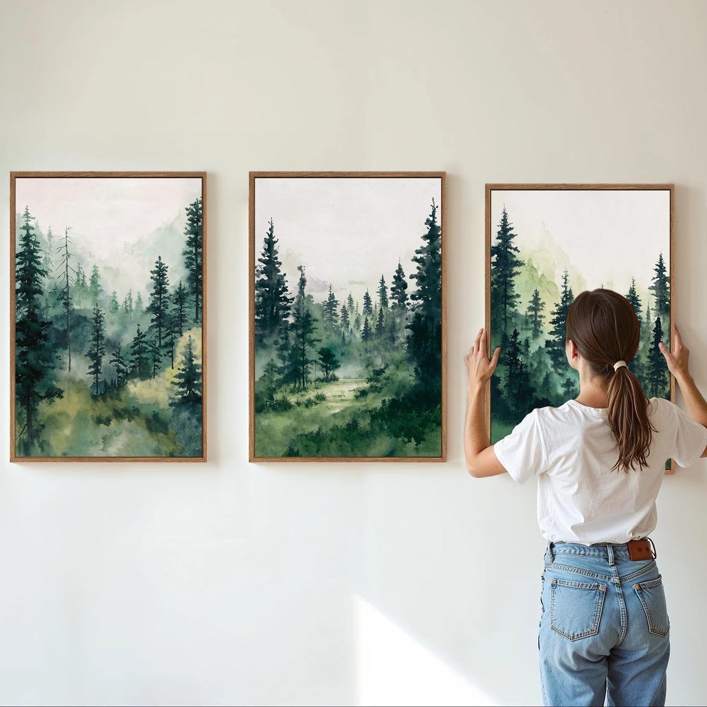 Tinonedraw Misty Forest Framed Canvas Wall Art Set, Modern Pine Trees Wall Painting, Watercolor