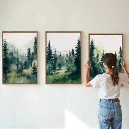 Tinonedraw Misty Forest Framed Canvas Wall Art Set, Modern Pine Trees Wall Painting, Watercolor