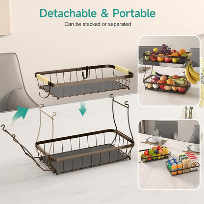 2 Tier Fruit Basket for Kitchen Counter with 2 Banana Hangers, 2025 Pro Detachable Metal Fruit Bowl