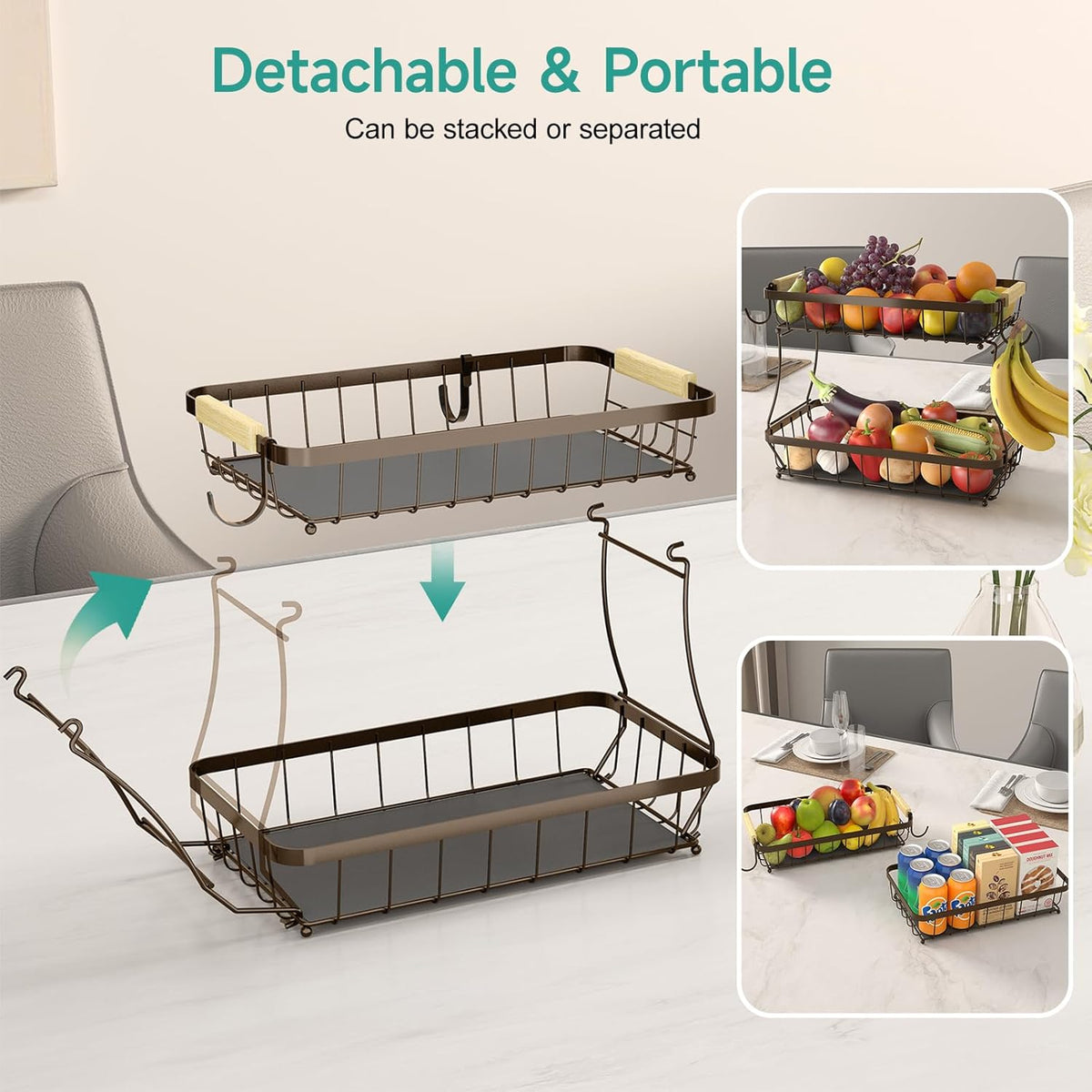 3 Tier Fruit Basket for Kitchen Counter with 2 Mobile Banana Hangers, 2025 Pro Detachable Metal
