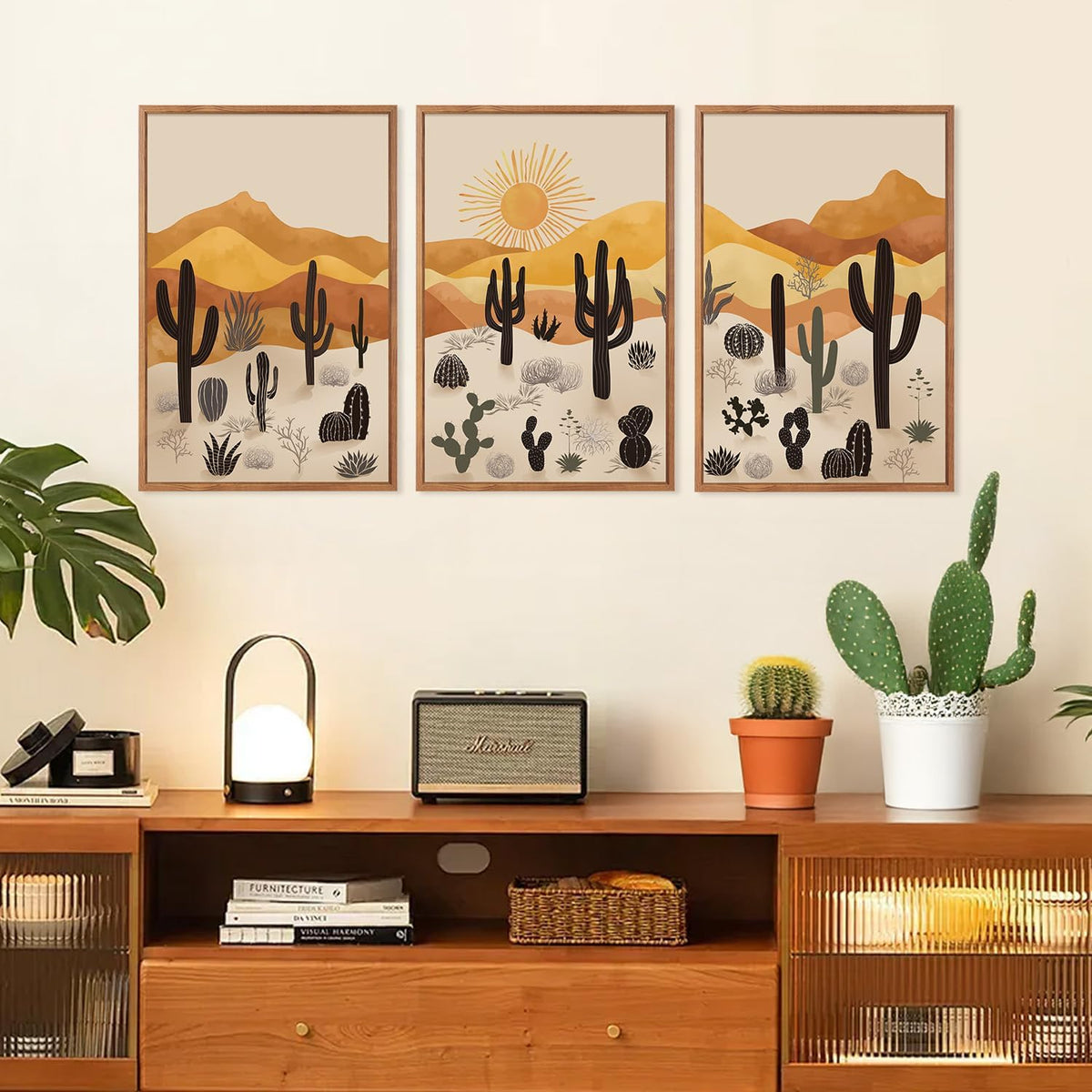 KAIRNE Cactus Canvas Wall Art,Desert Landscape Paintings,Aesthetic Abstract Prints Set of