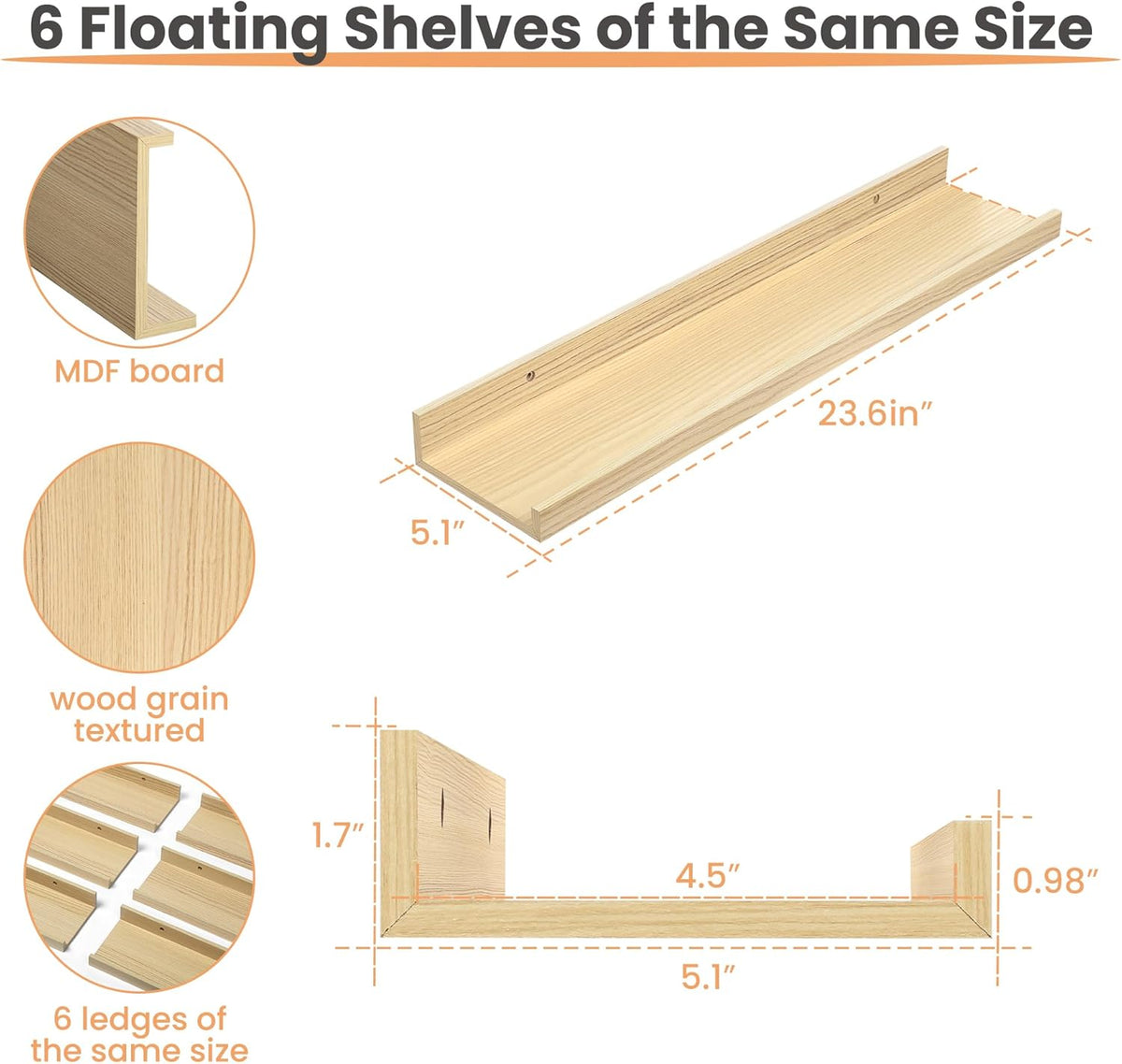 upsimples Floating Shelves for Wall, Wood Mounted Shelf Decor Storage Set of 6, for Bedroom, Living