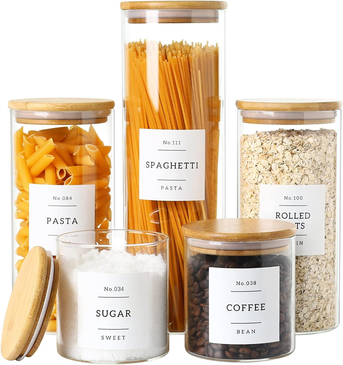 5 Pack Glass Jars with Bamboo Airtight Lids - Stackable Food Storage Containers with 132 Pantry