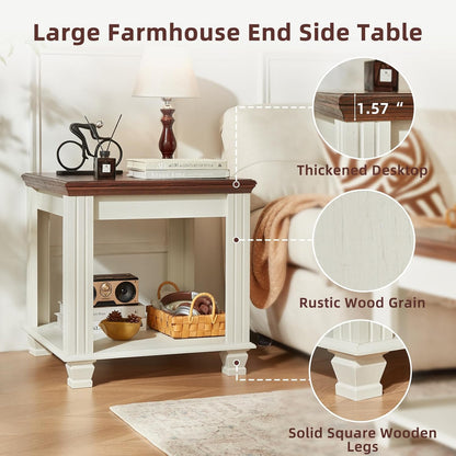 Farmhouse End Table Set of 2,Large Side Table with 2-Tier Storage Shelf,Rustic Wood End Tables for