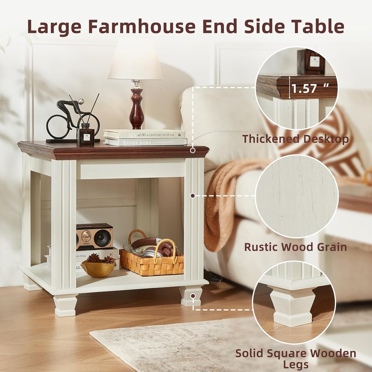 Farmhouse End Table with 2-Tier Storage Shelf, 22.8 inch Side Table for Living Room,Modern