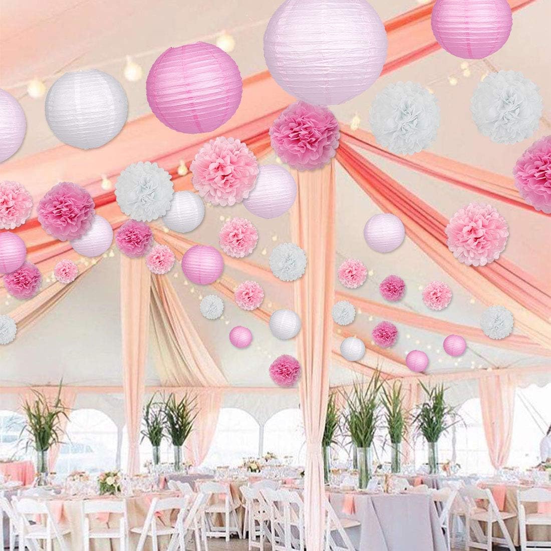 15Pcs Party Pack Paper Lanterns and Pom Pom Balls Hanging Decoration for Wedding Birthday Baby