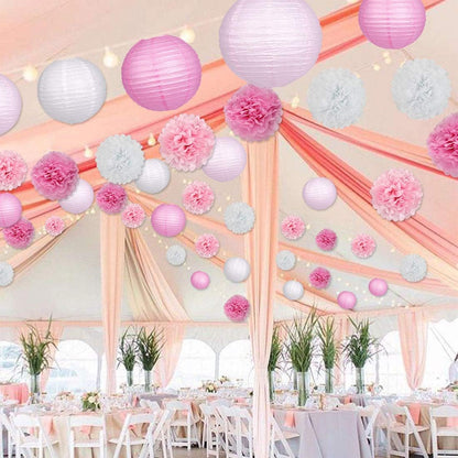 15Pcs Party Pack Paper Lanterns and Pom Pom Balls Hanging Decoration for Wedding Birthday Baby
